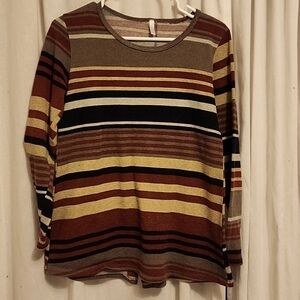 Striped PinkBlush long sleeve top in maroon, gray, beige & black – size Med